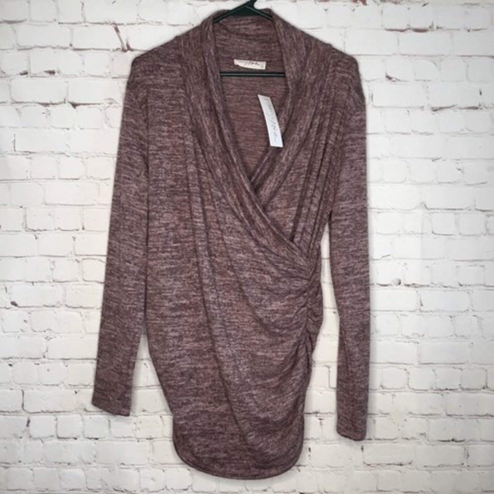 NWT Hello Miz Heathered Pink Stretchy Long Sleeve Faux Wrap Blouse Top Women L